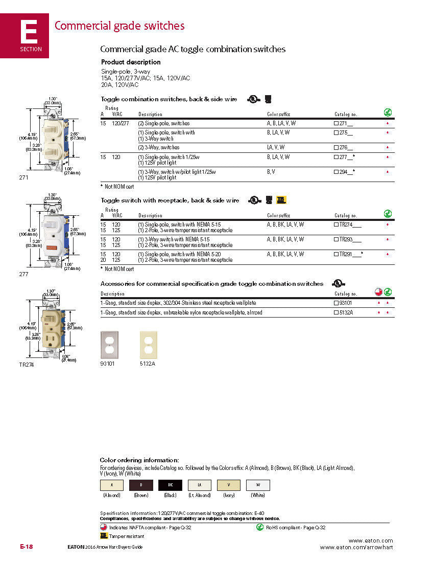 1pcs- COOPER TR274W 15A NEMA5-15 Toggle switch 15A 120V with receptacle 15A 125V