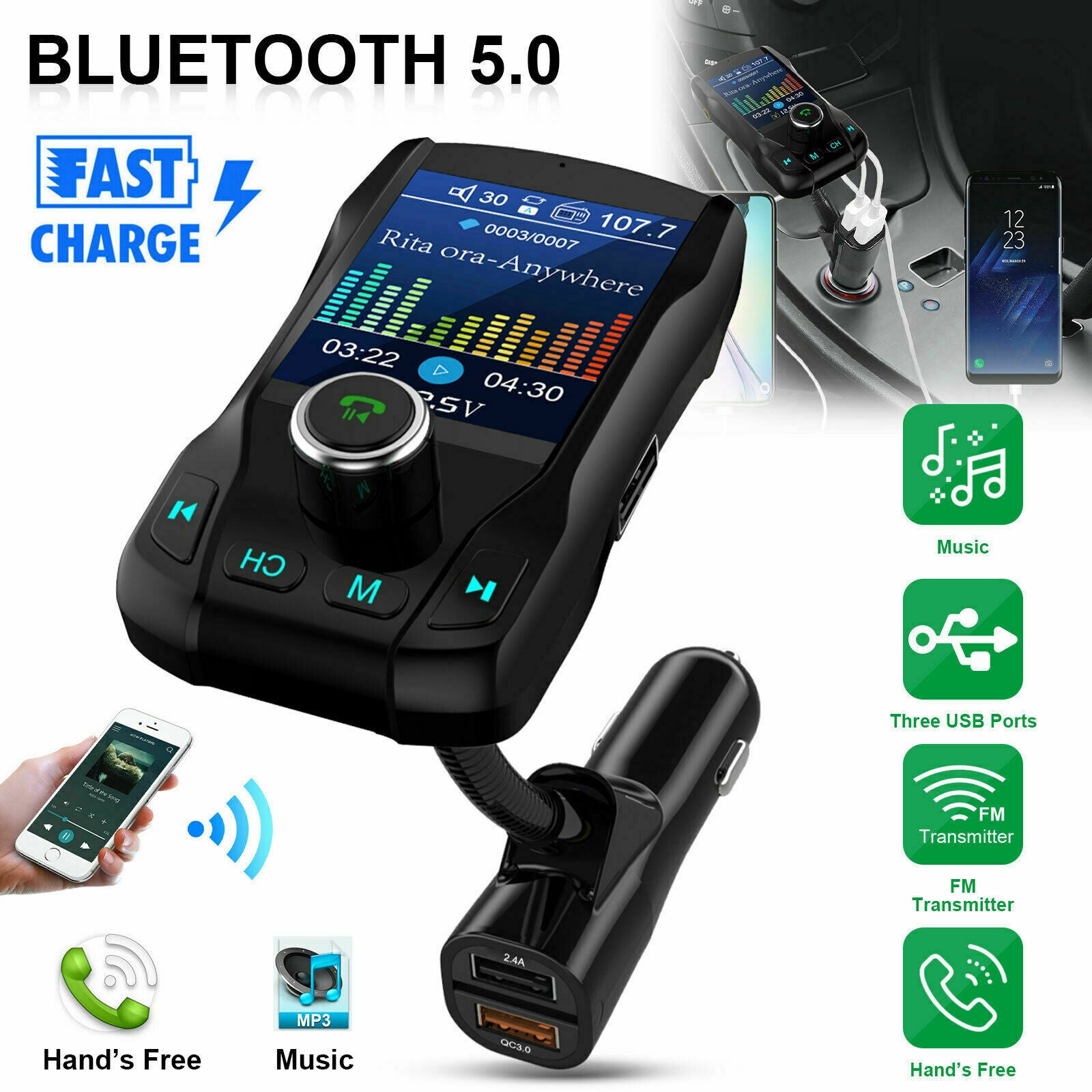 1.8 inch Car Bluetooth 5.0 FM Transmitter MP3 Wireless Adapter Dual USB Charger