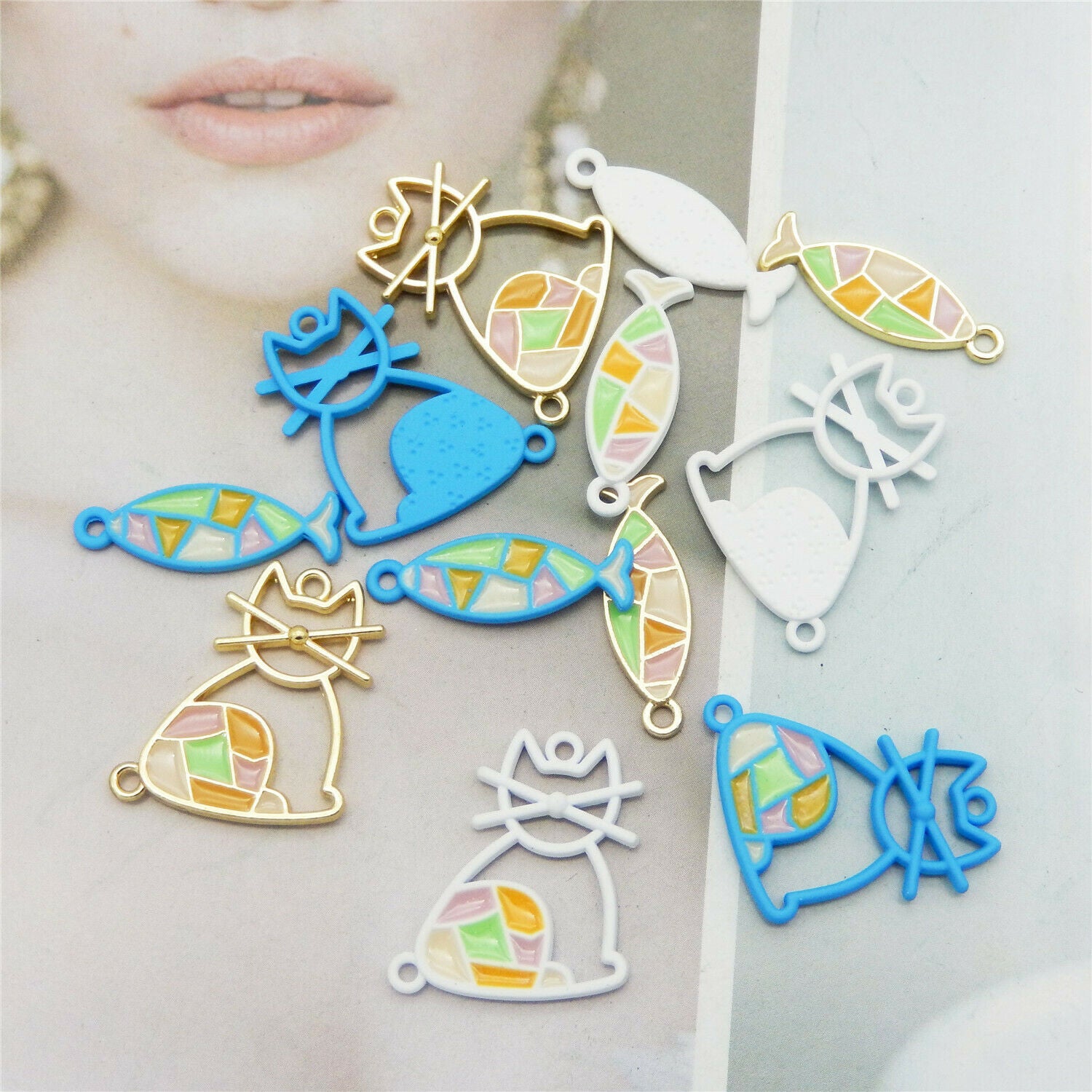 12PC Enamel Mixed Hollow Cat Fish Design Charms Pendant Connector for DIY Making