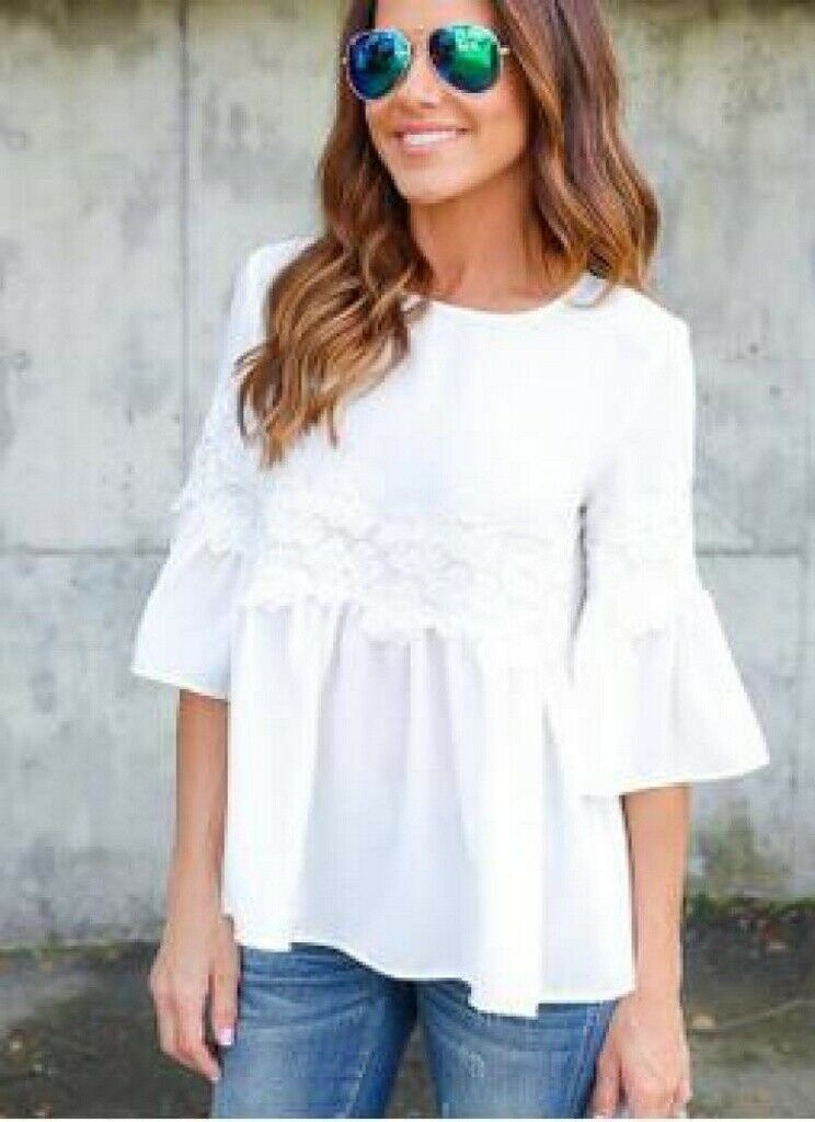 Womens Fashion Ladies Lace Chiffon Long Sleeve Loose Casual Blouse T-Shirt Tops