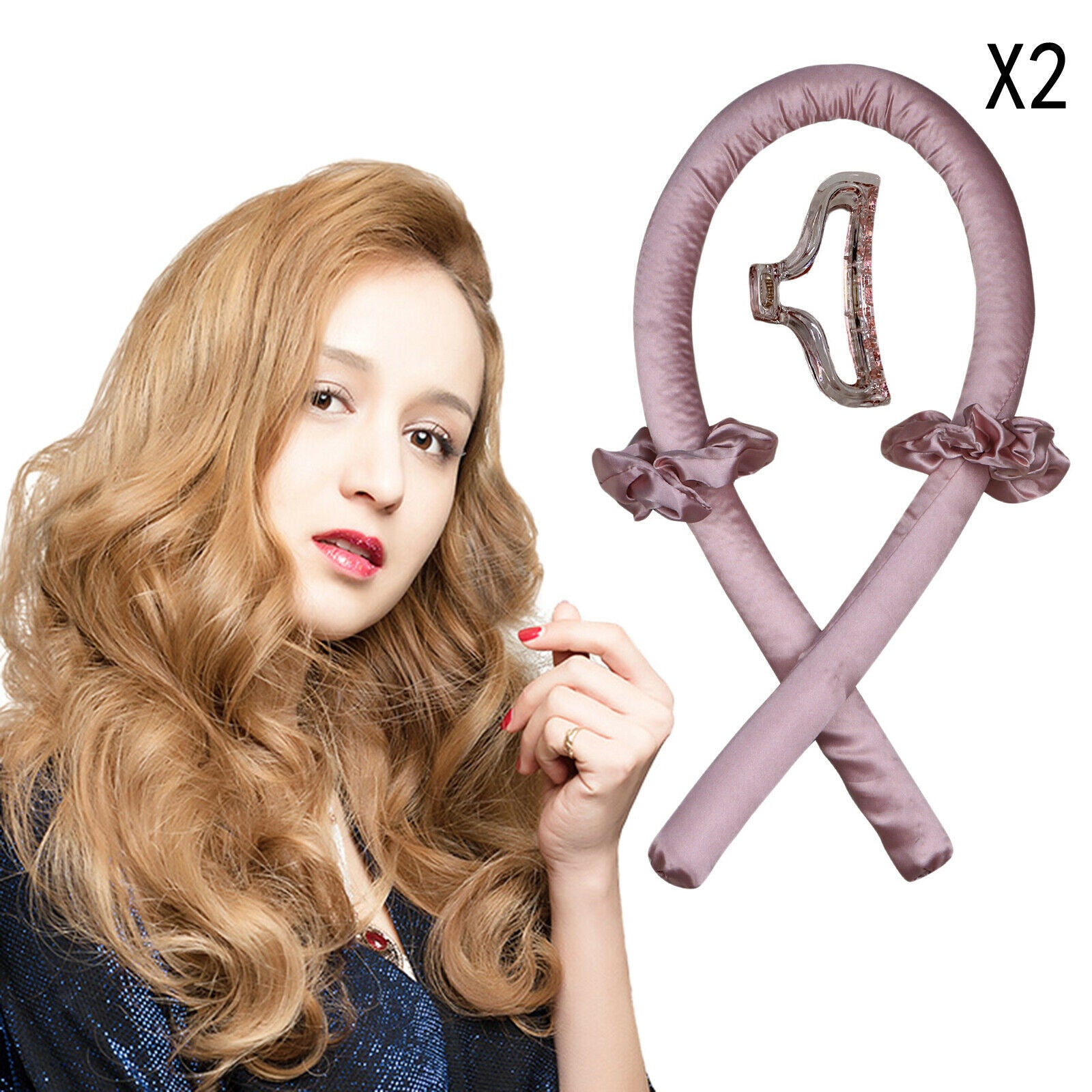 2x Heatless Curling Rod Headband Set Hair Rollers Hair Curlers DIY Pink