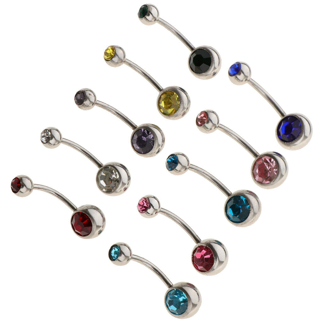 10Pcs Stainless Steel Navel Ring Curved Barbell Piercing Crystal Rhinestone