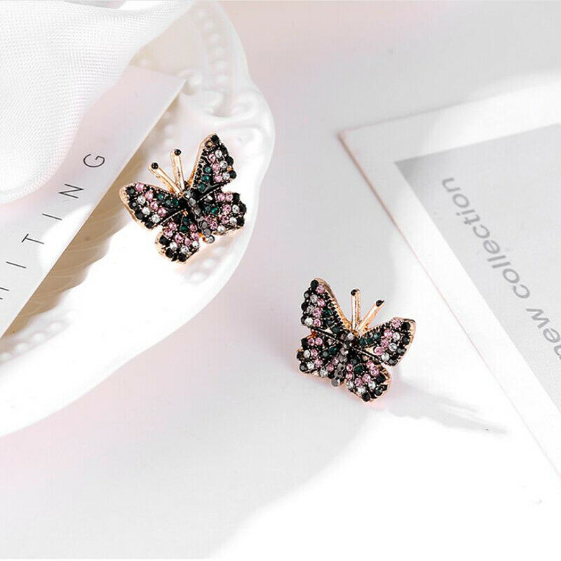 Fashion Rhinestone Crystal Colorful Butterfly Stud Earrings Luxury Women Jewe TH