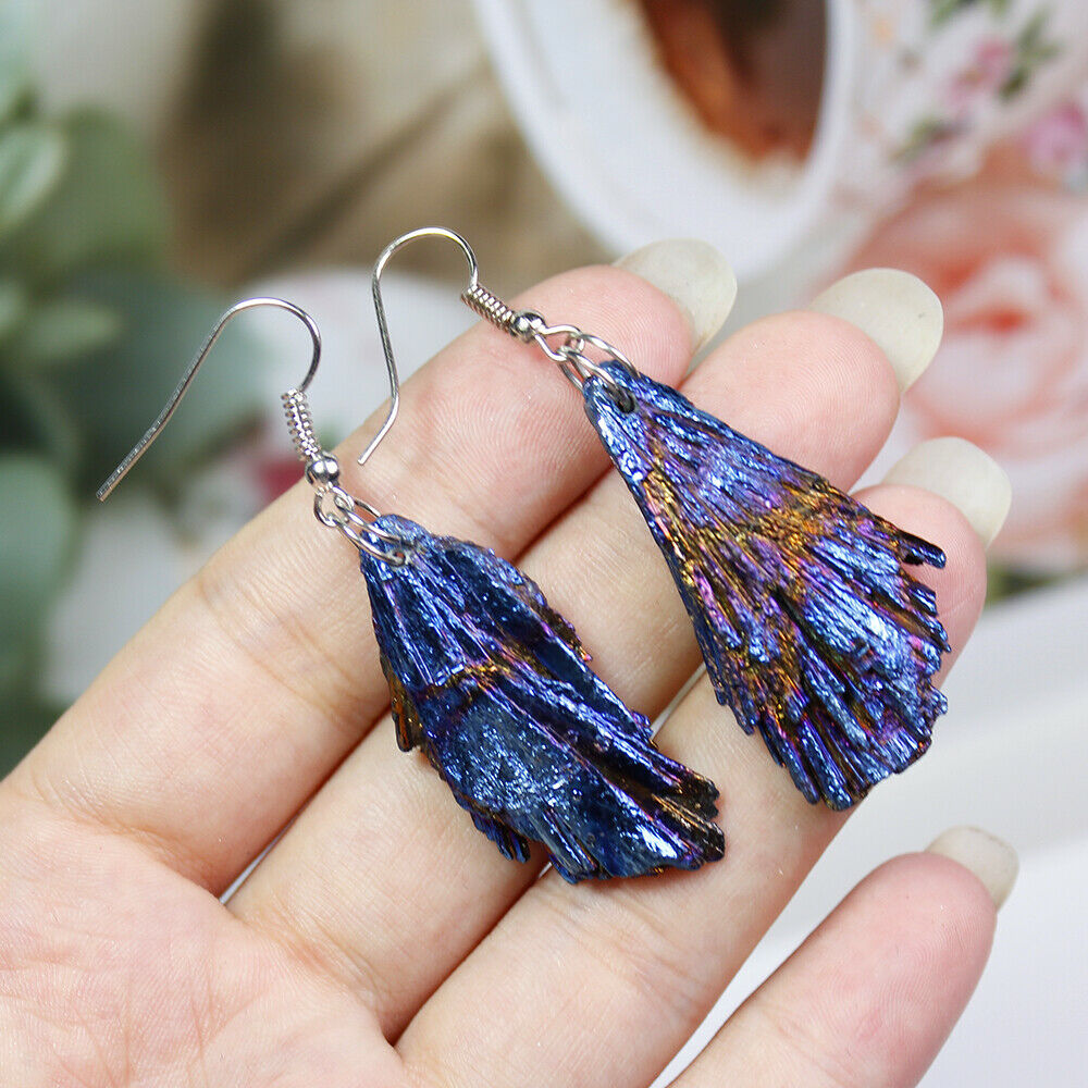 Pair Natural Titanium Rainbow Quartz Earrings Irregular Broom Shape Dangle Hoop