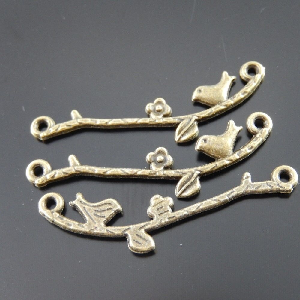40 pcs Antiqued Bronze Bird Flower Branch Alloy Pendant Jewelry Connector 37*9mm