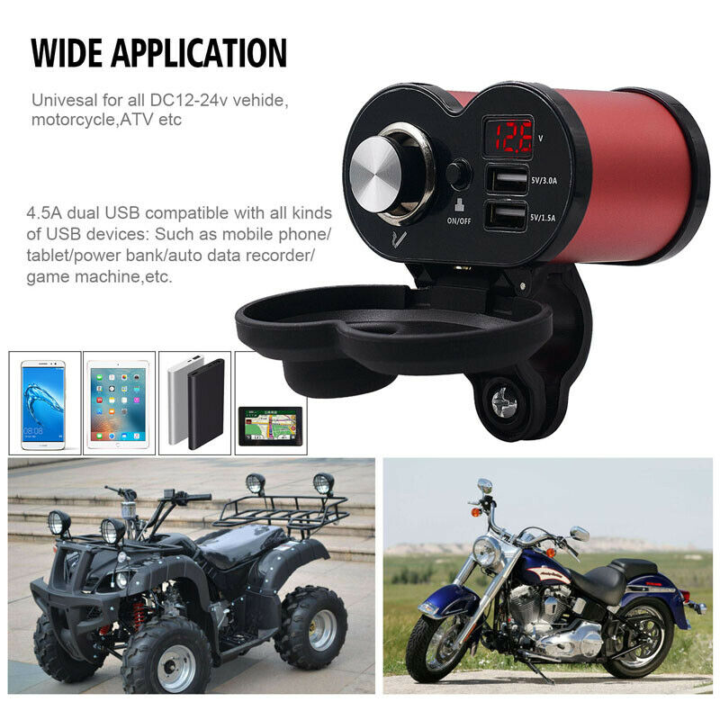 QC3.0 Motorcycle Bike Cigarette Lighter Socket Dual USB Charger Switch Voltmeter