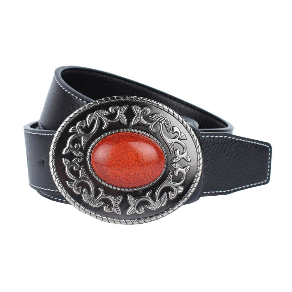 unisex Women Men Belts with Tang Glass and coral ruby Buckle Waistband Black