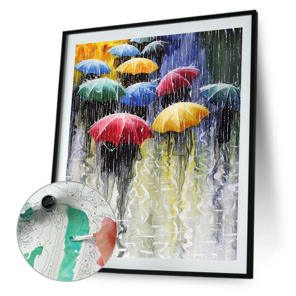 Painting By Numbers DIY Raining Street Hand Painted Canvas Oil Art Picture @