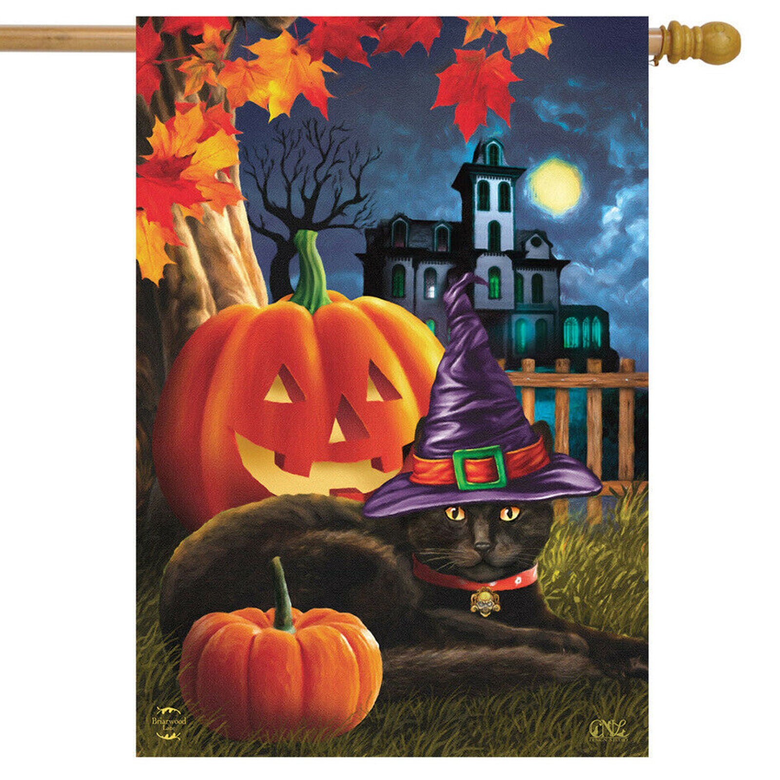 Black Cat Halloween House Flag Jack O'Lantern Spooky 28" x 40" Briarwood Lane
