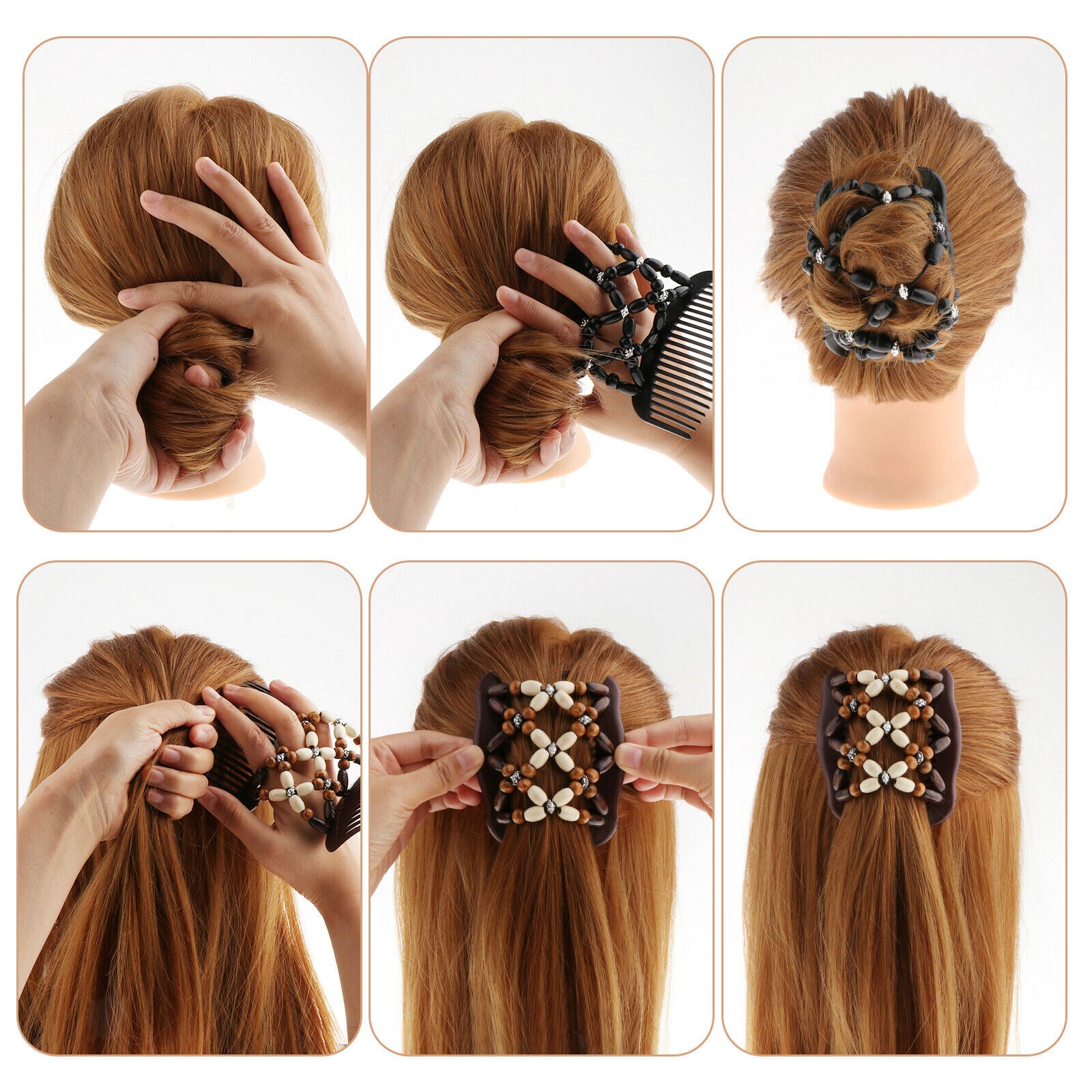 2 Pieces Double Hair Comb Clip, Magic Wood Beads Combs, Stretchy Hair Bun Beauty