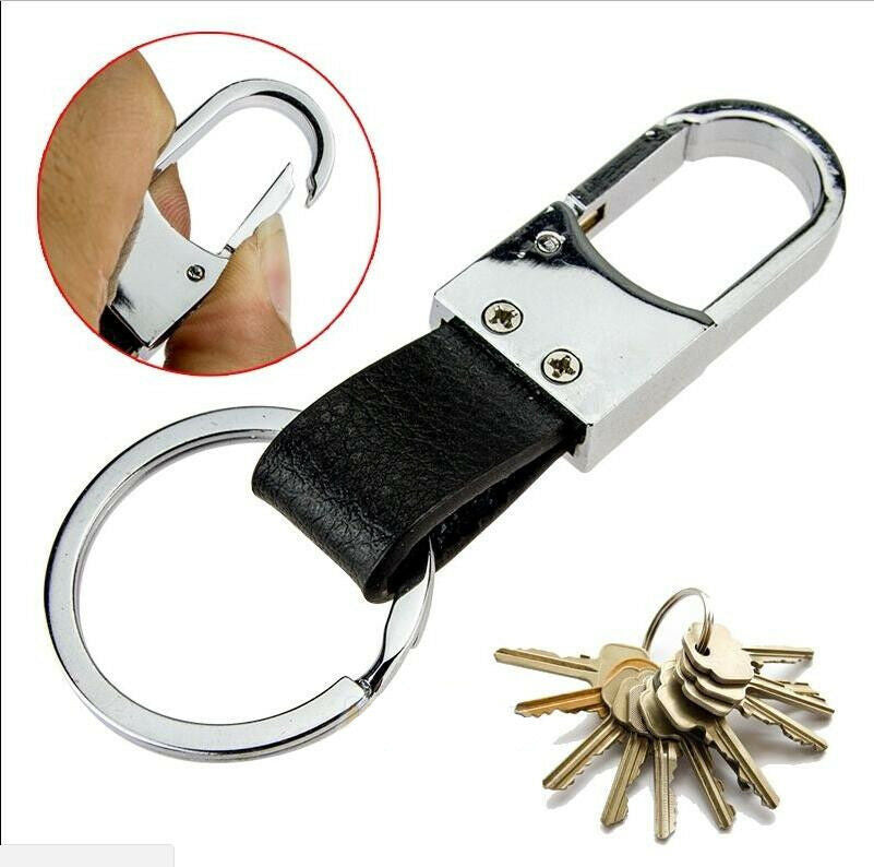 Portable Men Alloy Metal Keychain Black Leather Strap Keyring Key Chain Key Fob