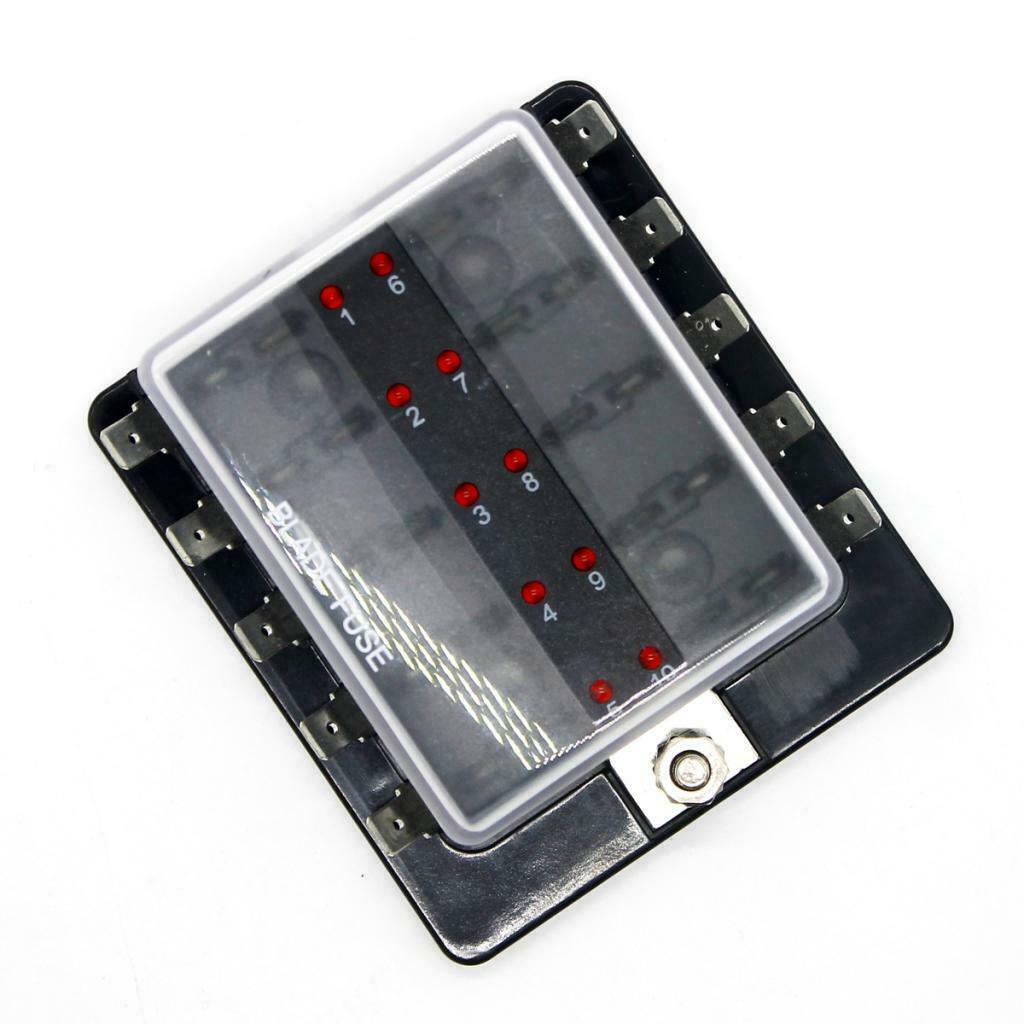 10 Way Universal Car Truck Boat Blade Fuse Box Holder Block w/ LED Indicator