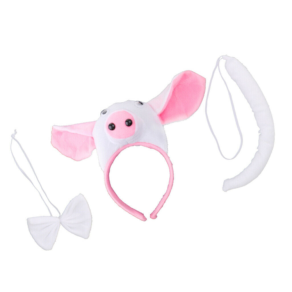 Kids Animal Pig Piggy Costume Kit Head Band Bow Tie Tail Fancy Dress White