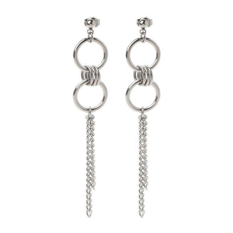 Korean Long Tassel Stainless Steel Cricle Drop Earrings Fashion Jewelry Unisex