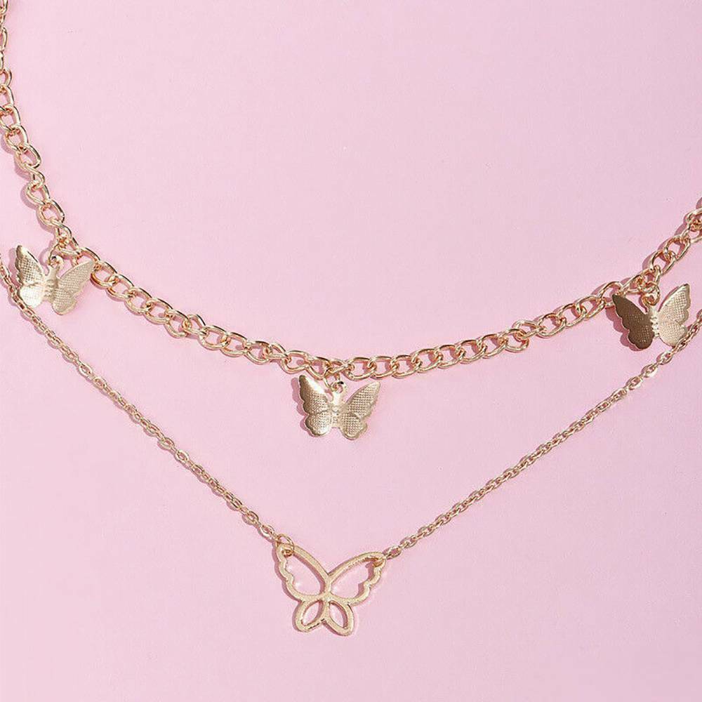 Double Layer Butterfly Pendant Necklace Clavicle Chain Choker Women Jewelry Gift