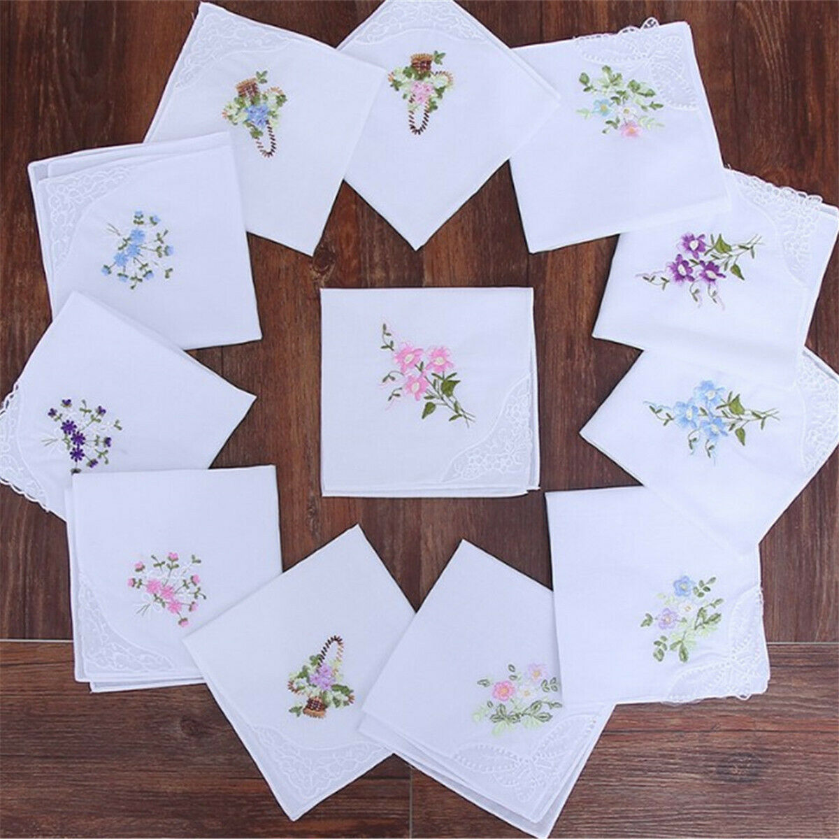 Cotton Embroidered Handkerchief With White Lace Corner Embroidery Handkerchief