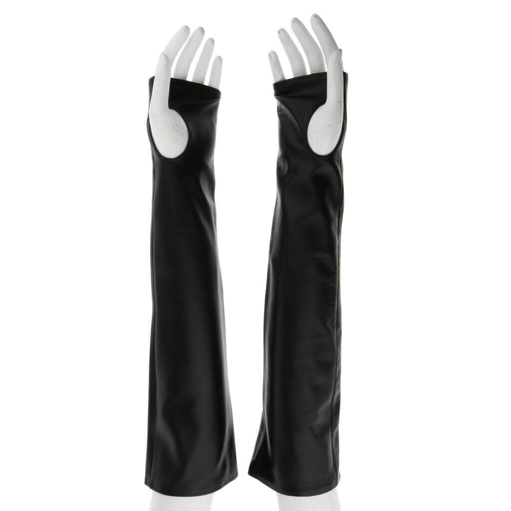 Women's PU Leather Elbow Long Fingerless Driving Gloves Arm Warmer L Black