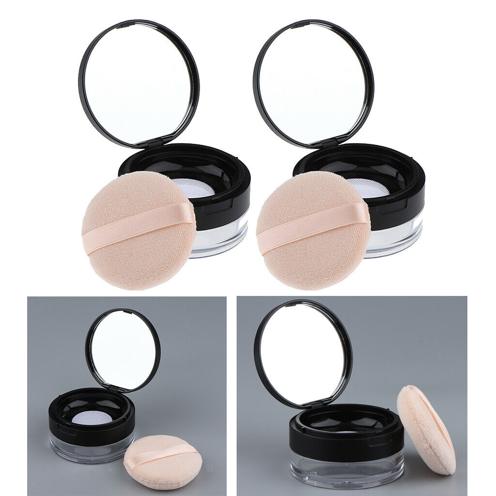 2x Round Face Powder Case with Mirror Travel Foundation Jar Cosmetic Box