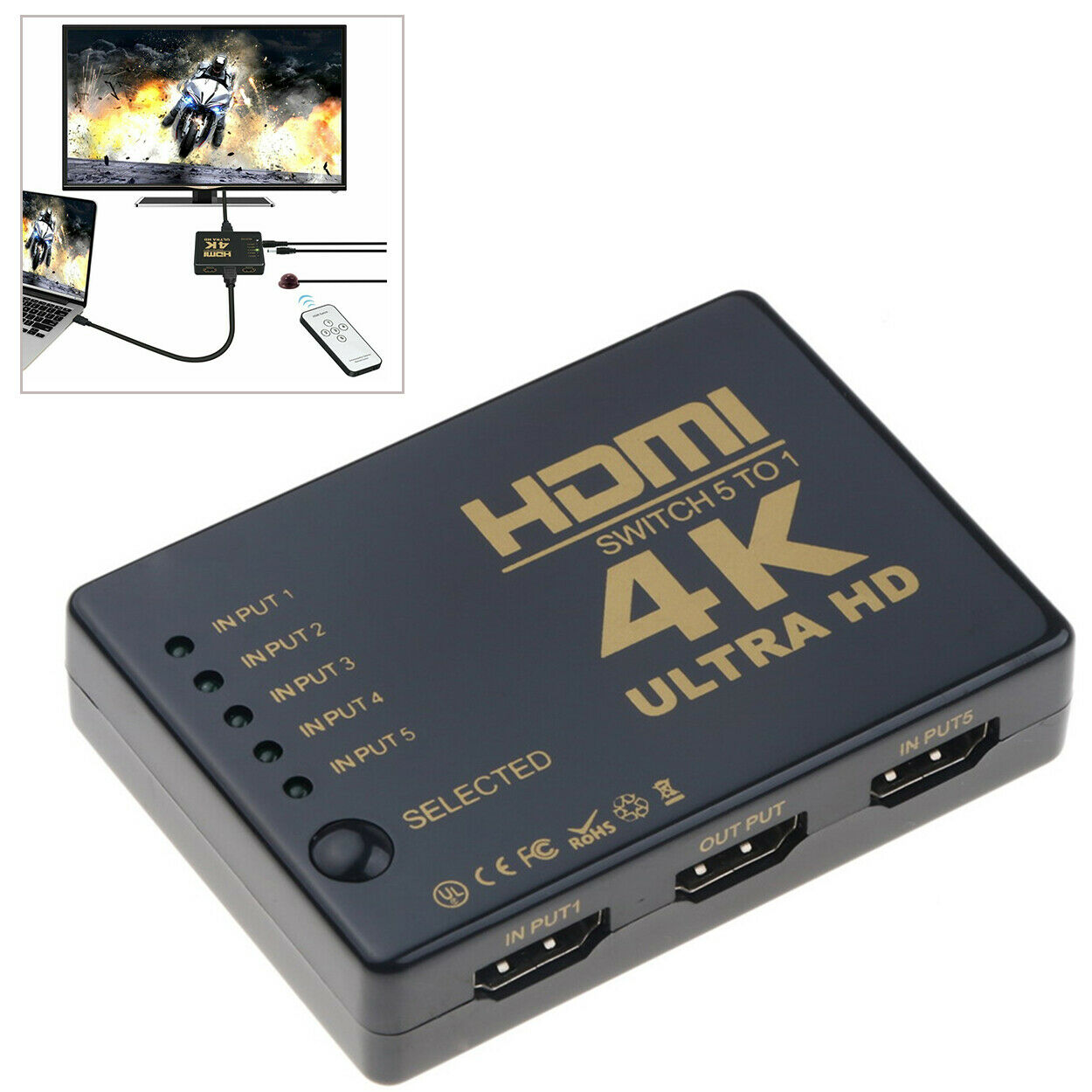 5 Port HDMI HDCP 4K Auto Switch Seletor Splitter Hub IR Remote HDTV 5 In 1 Out