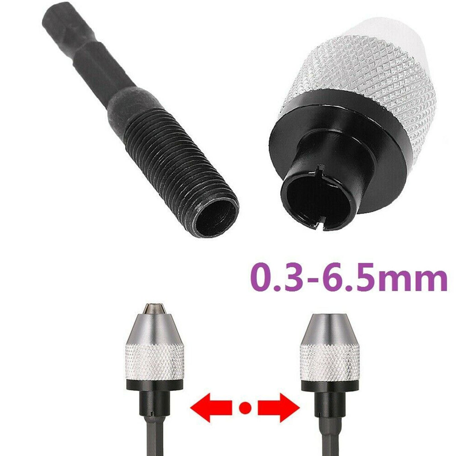 0.3-6.5mm Keyless Drill Bit Chuck Adapter with 1/4" Hex Shank for Impact Driver