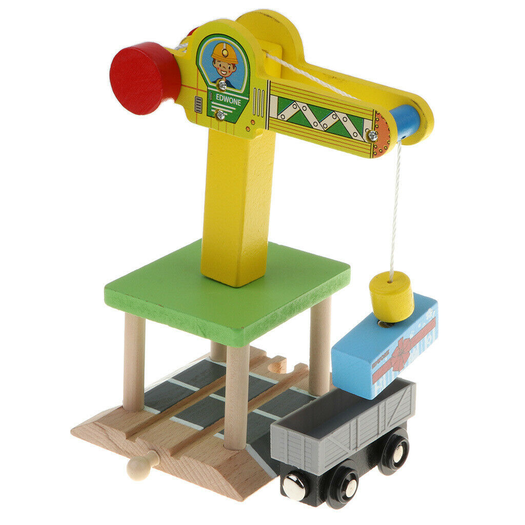 Wooden Trains Railway Set Compatible Accessories - Track Crane & Freight Car
