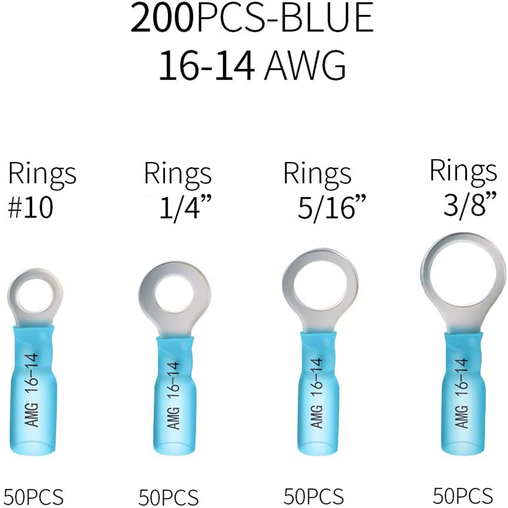 200PCS Ring 16-14AWG Blue Heat Shrink Wire Connectors Waterproof Seal Terminal