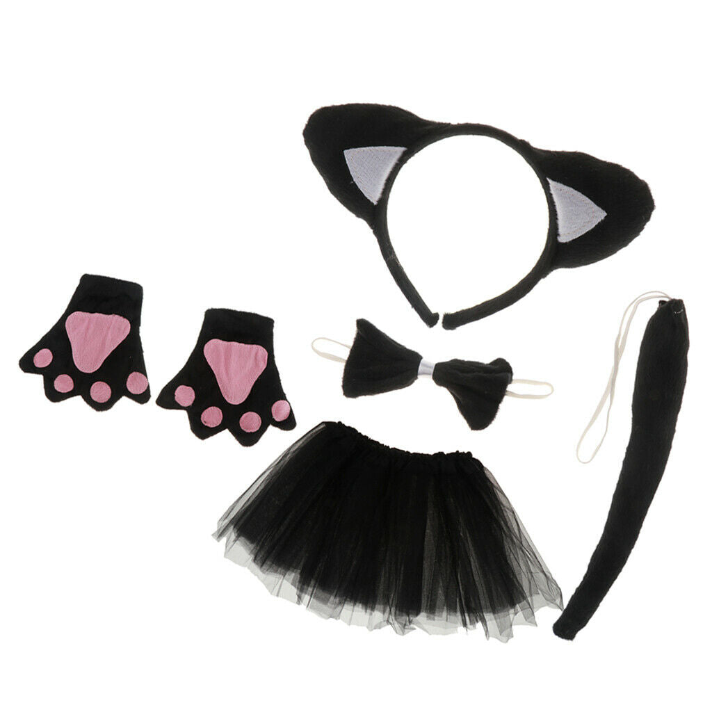 Girl Black Cat Headband Skirt Bowtie Paw Tail Set Fancy Dress Costume Outfit