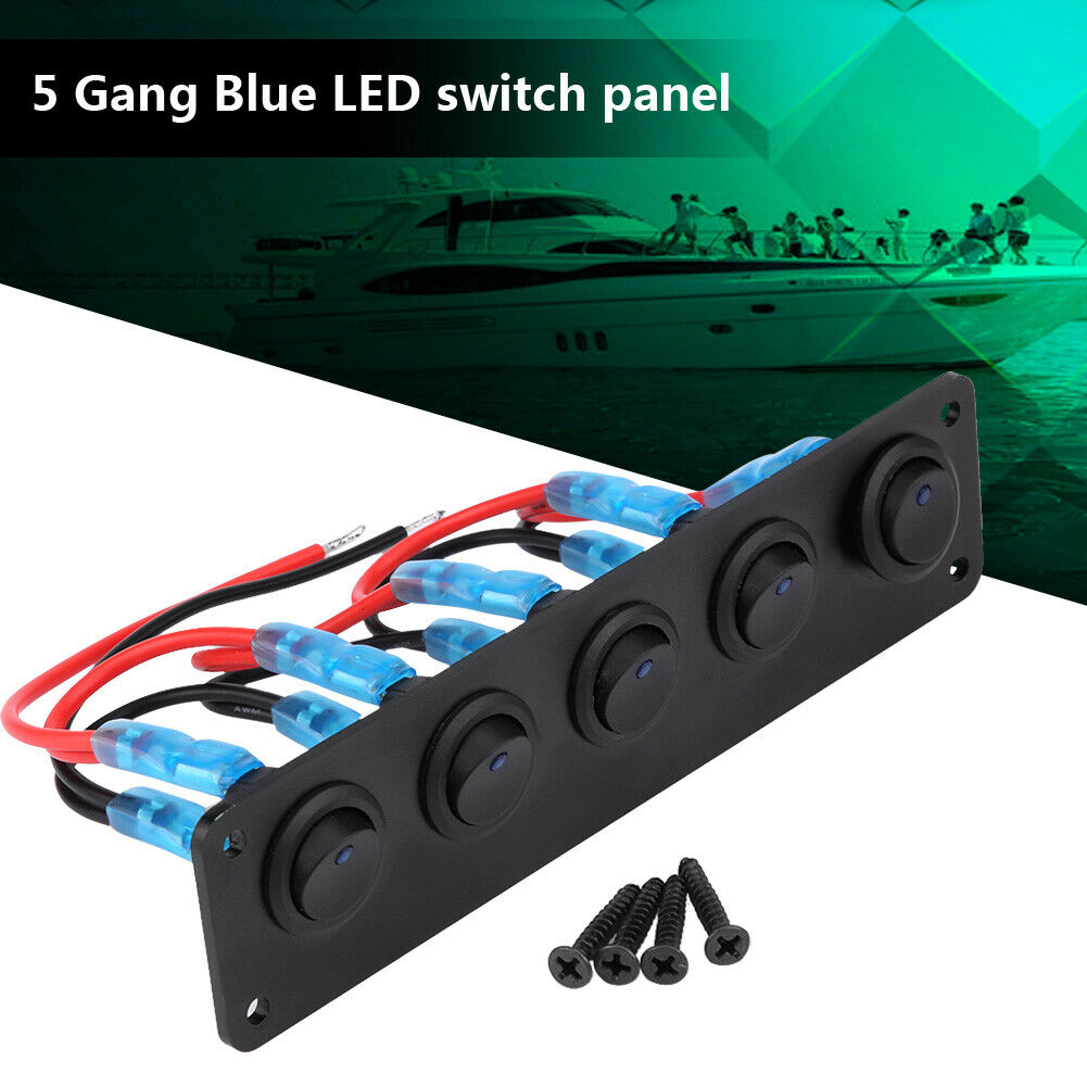 12-24V 5 Gang Rocker Toggle Switch Panel Blue LED For RV Boat Truck Yacht Marine