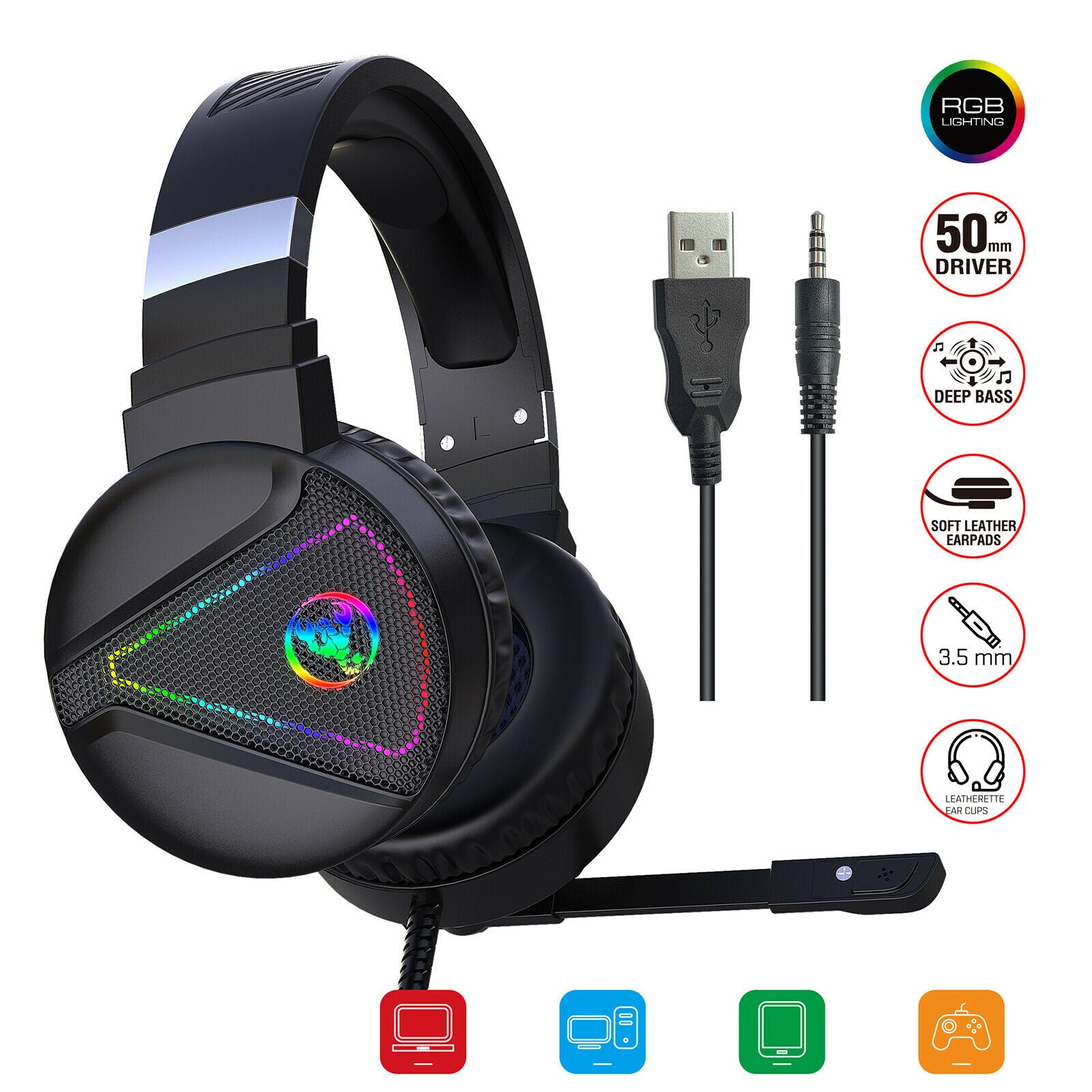 3.5mm Gaming Headsets LED Headphones Stereo Surround w/Mic Noise Canceling