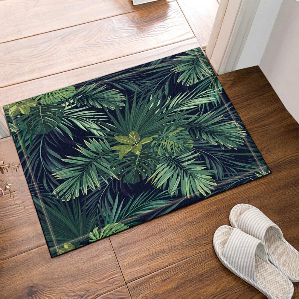 Dark Green Palm Leaves Bathroom Rug Non-Slip Floor Door Mat Flannel 16x24"