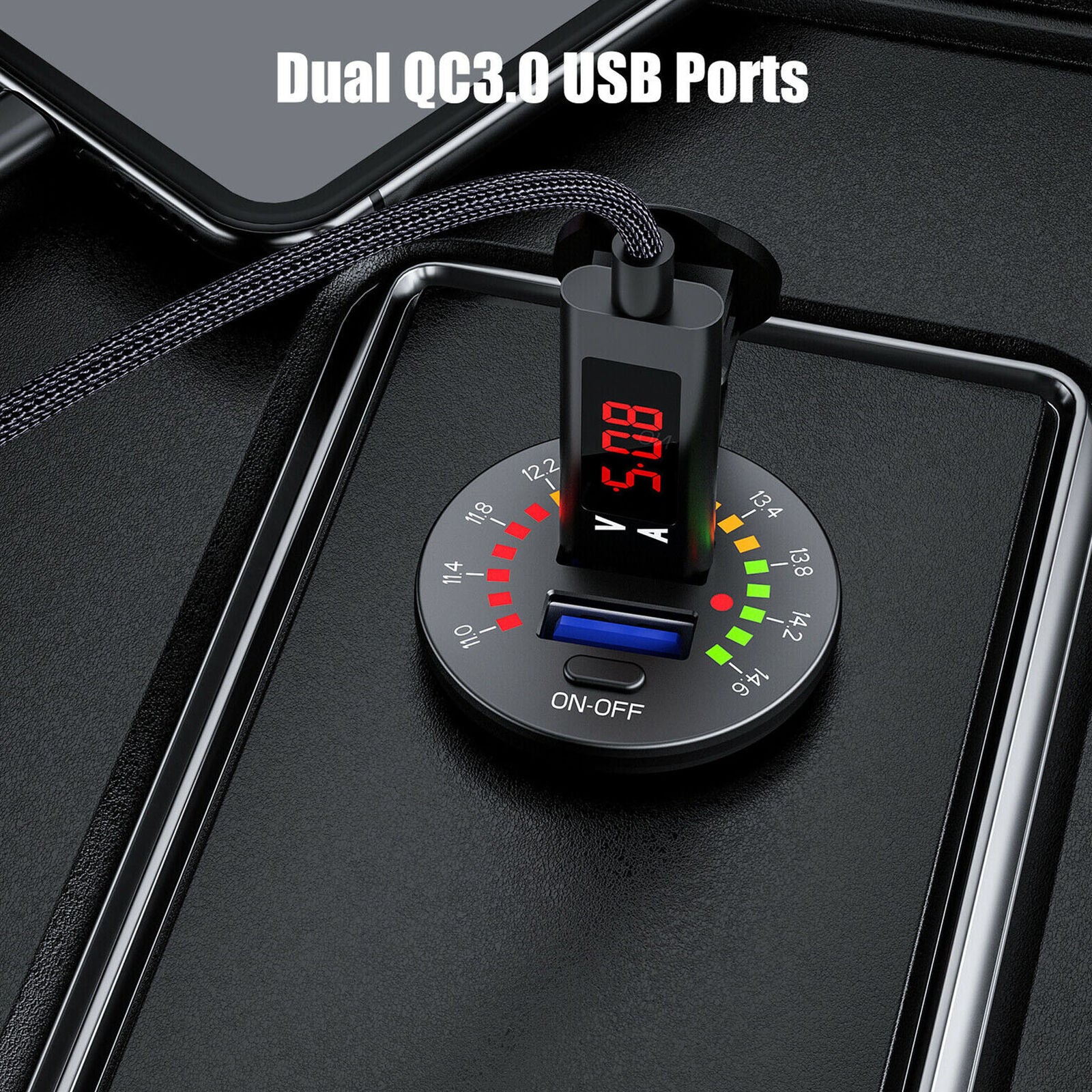 QC3.0 Dual USB Charger Socket w/ Voltmeter & Wire Waterproof for Car Marine Boat
