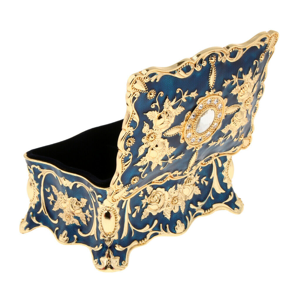 Retro Enamel Flower Sculpture Trinkets Chest Jewelry Box Organizer Dark Blue