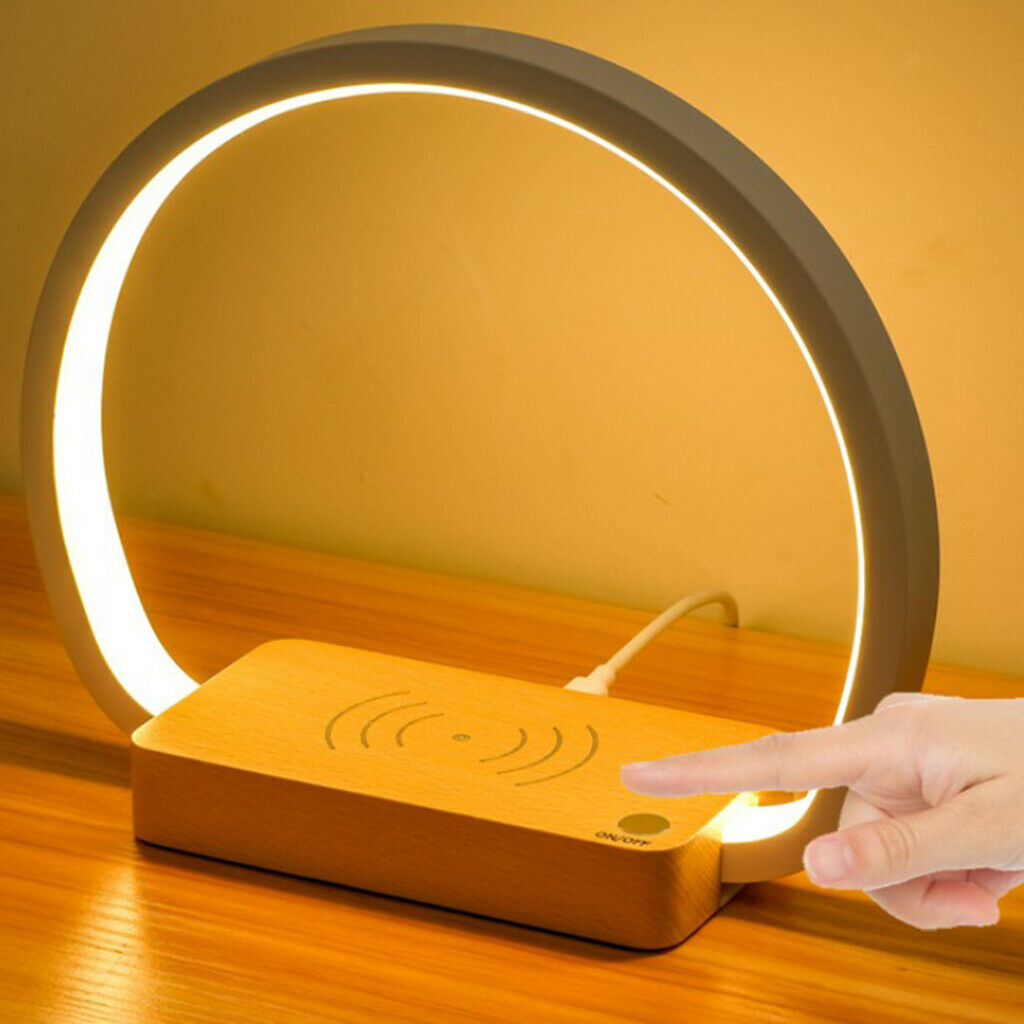 Wooden Base LED Desk Lamp Wireless Charging USB Plug in Lighting Decoration