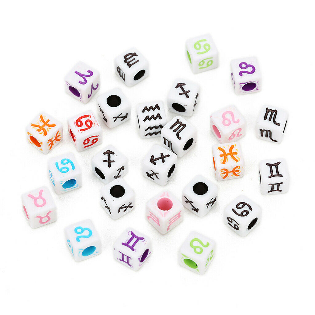 100x Black Acrylic Cube Beads with Zodiac Designs DIY Jewelry Charm