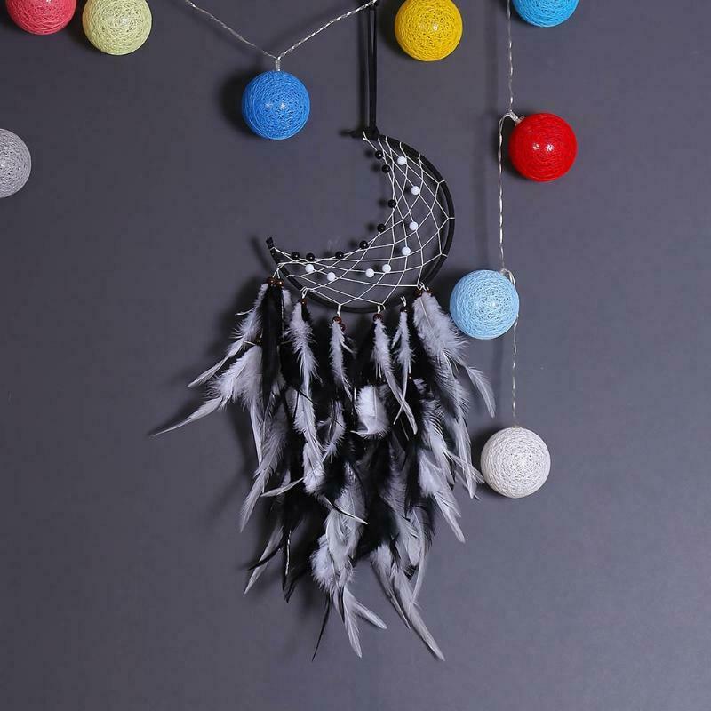 Moon Dream Catcher Handmade Feather Bead Wall Hanging Ornament for Kids Bedroom