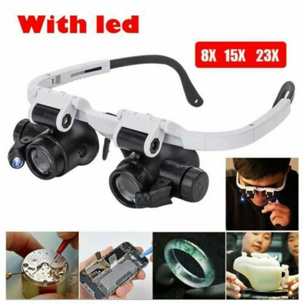 8x15x23x Double Eye Jewelry Watch Repair Tool Magnifier Loupe Glasses &LED Light