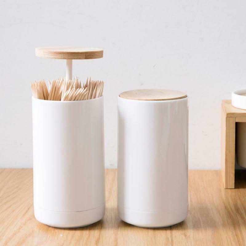 Push-type Toothpick Dispenser Holder White Plastic Press Cotton Swab Holder Box
