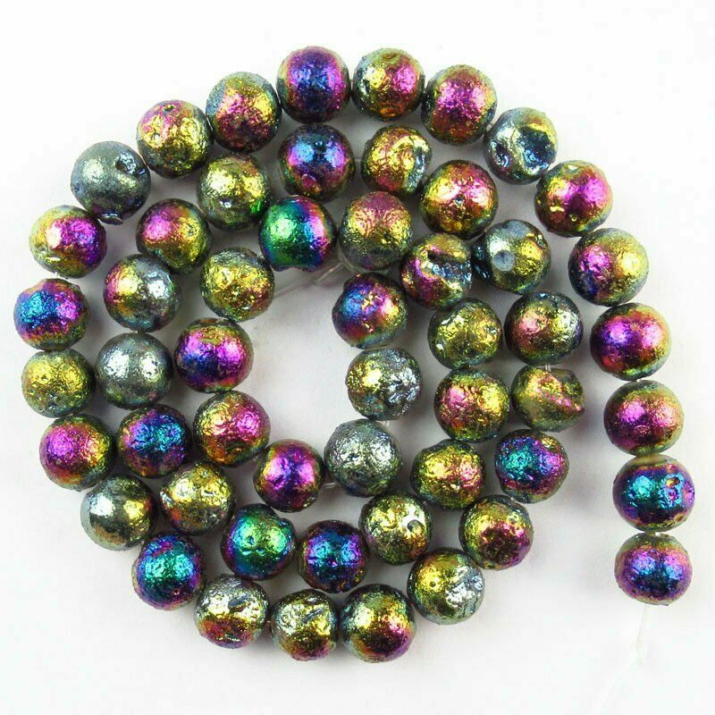 8mm Rainbow Titanium Crystal Agate Quartz Geode Loose Bead 15.5 " A-582TZ