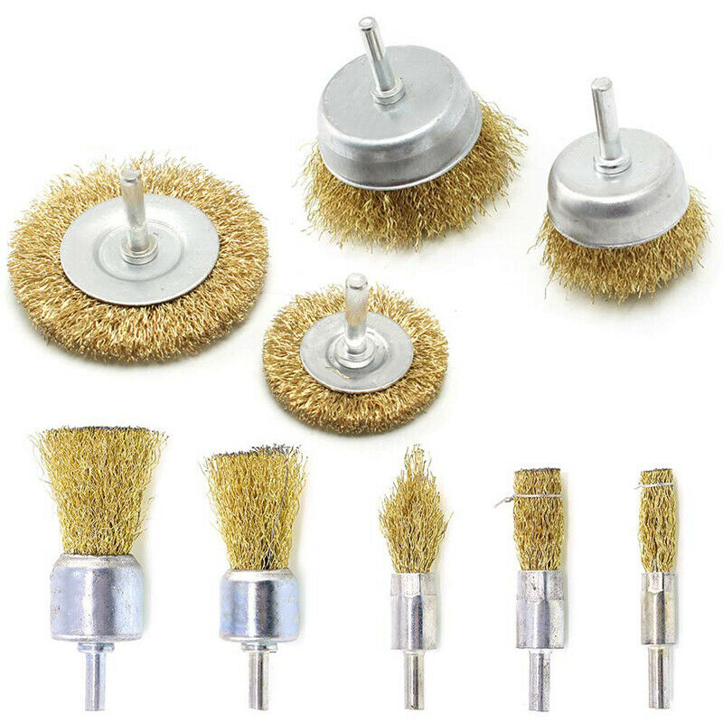 9Pcs Brass Coated Wire Drill Brush Wheel Cup Brush Set 1/4-Inch Shank Rust HN US