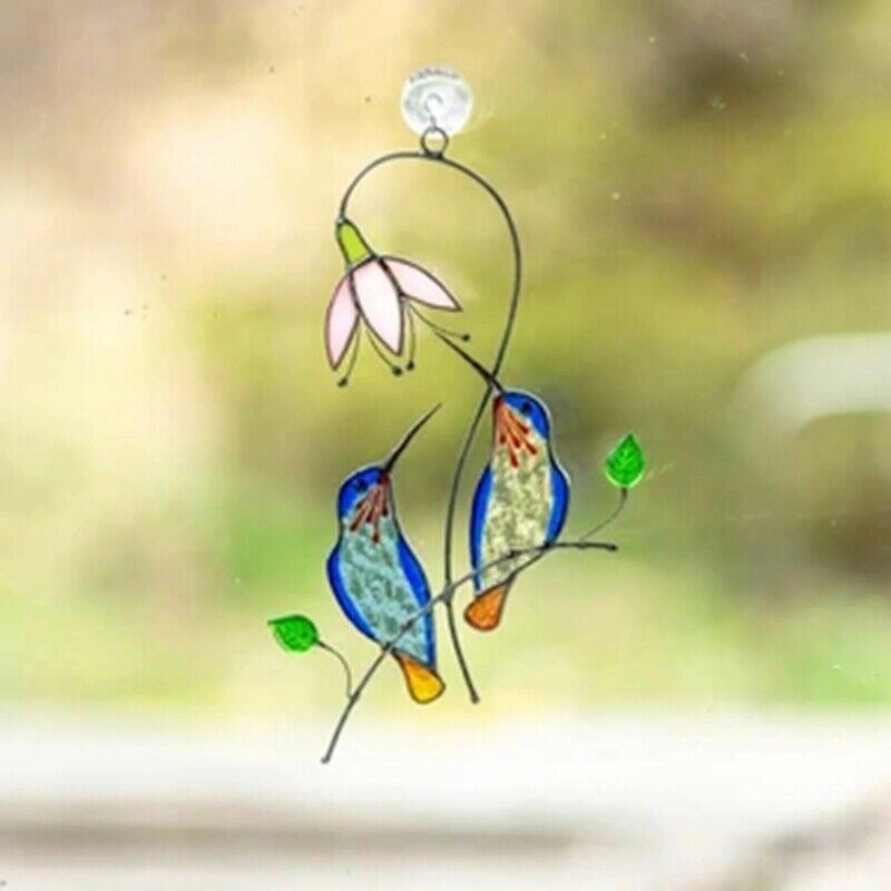 Hanging Home Decoration Stained Glass Window Panel Birds Ornaments Acrylic BY6Z4