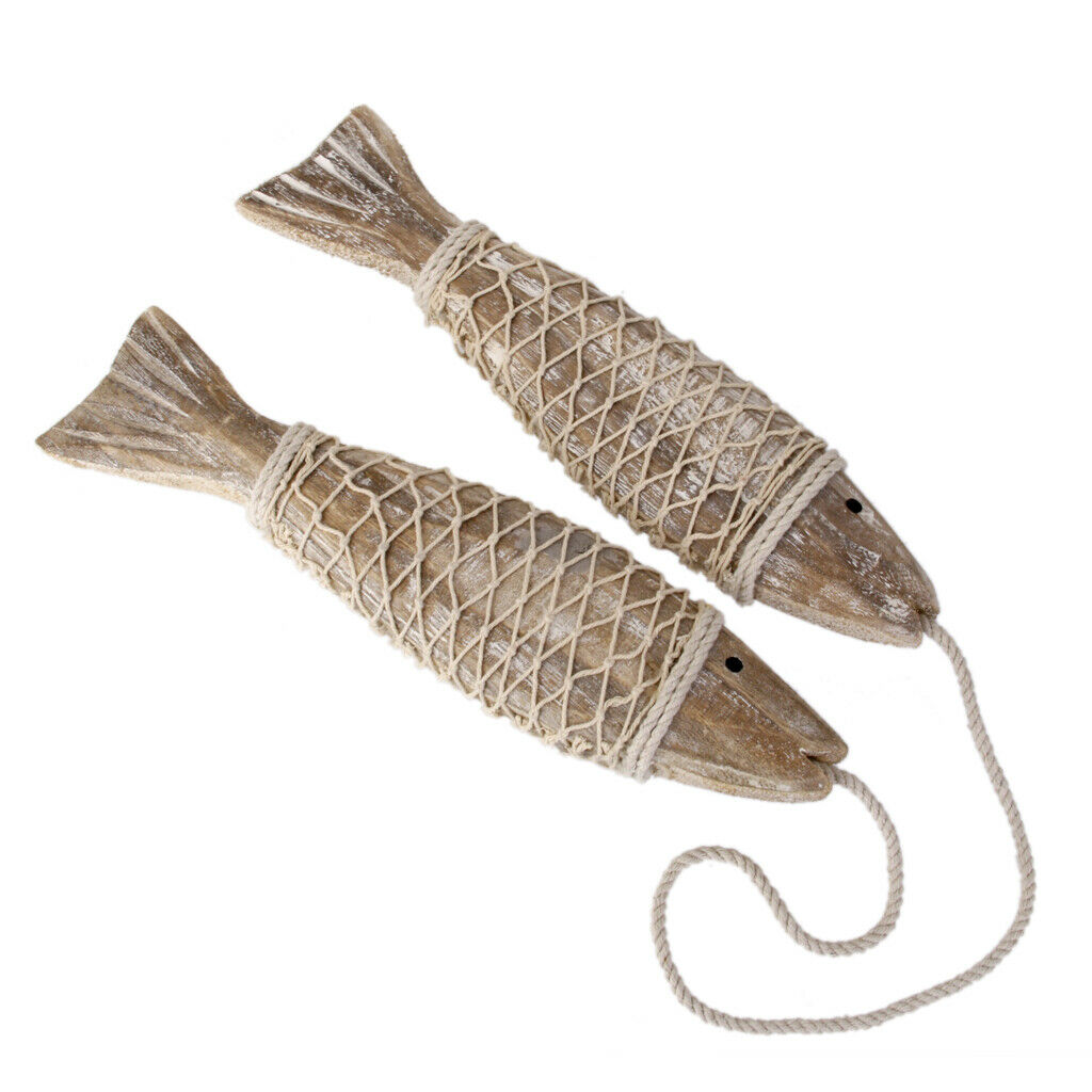 2x Coastal Hand Carved Hanging Wooden Fish Shabby Chic Bathroom Gift Decor