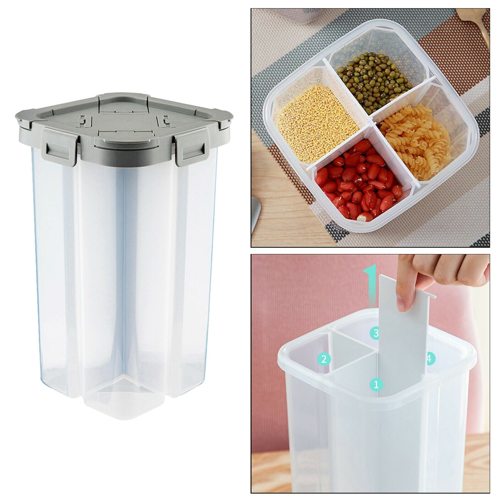 2.6L Dividers Box Organizer Clear Plastic Case Storage Container for Cereal Gray