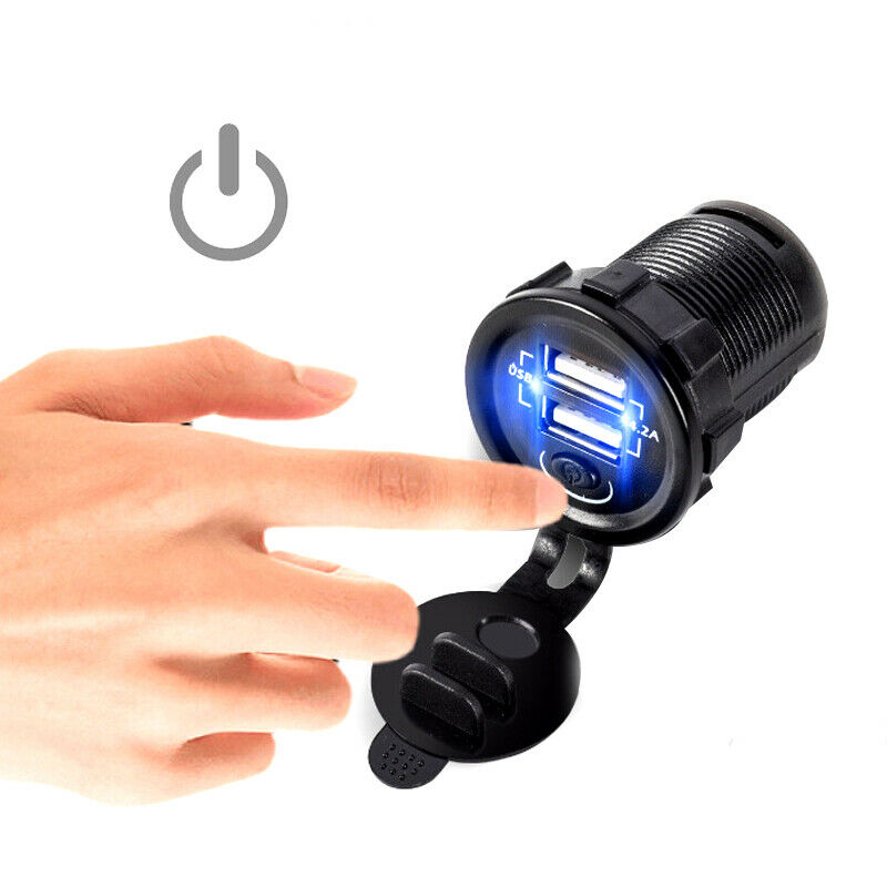 12V-24V Car ATV UTV Phone Charger Dual USB +2.1A Power Socket Blue LED w/ Switch