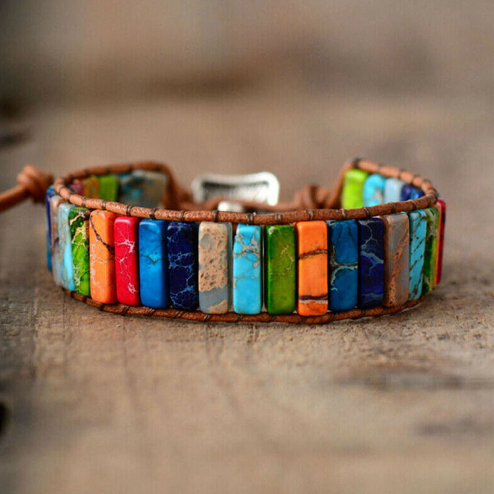 Prayer Handmade 7 Chakra Leather Wrap Bangle Natural Stone Tube Beads Bracelet