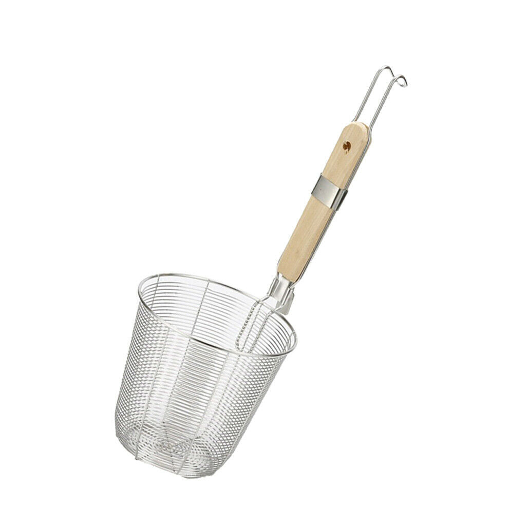 Pasta sieve, kitchen sieve, frying basket made of stainless steel with hooks for