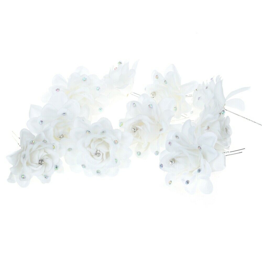 10pcs Womens Hair Clips White Flower Cloth U-shaped Hair Pin Barrette Wedding