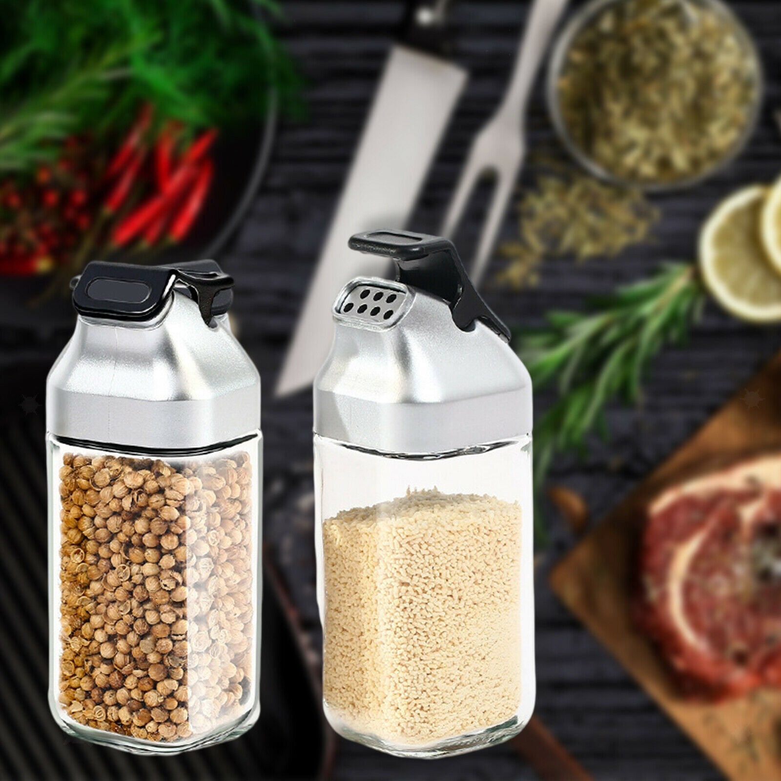 2/Set Pepper and Salt Shaker Seasoning Spice Dispenser Holder Refillable BBQ