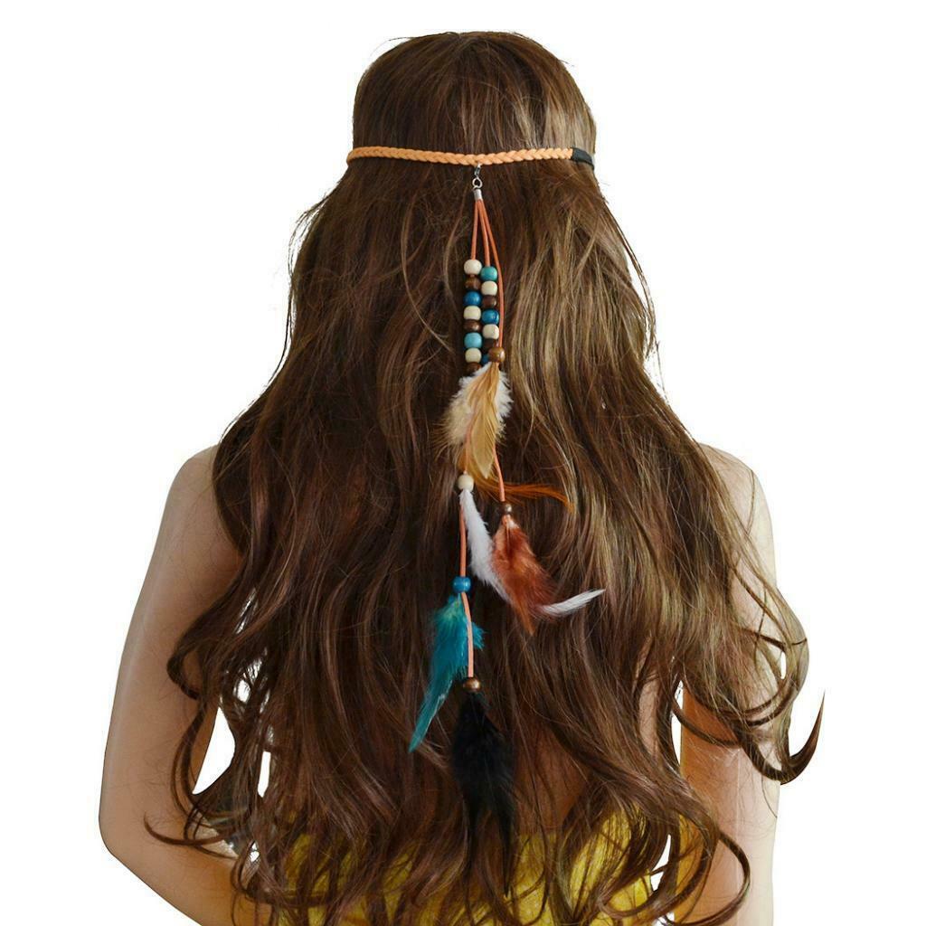 Boho Velvet Feathers Beads Hairband Gypsy Head Rope Hair Festival Jewelry