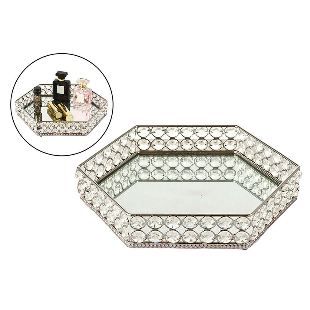 1pc Modern Mirrored Crystal Vanity Tray Ornate Trinket Desktop Decor Plate