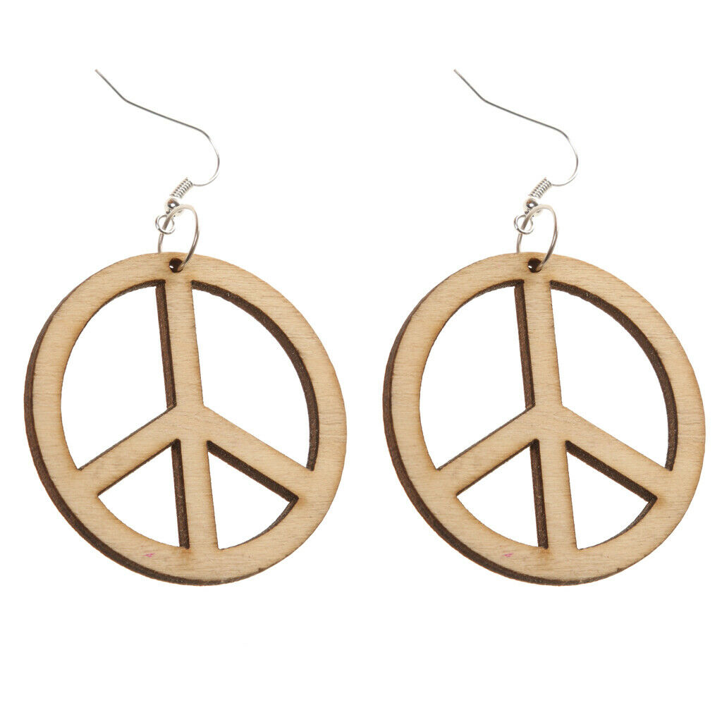 Hollow Anti War Peace Sign Wooden Drop Dangle Hook Earrings